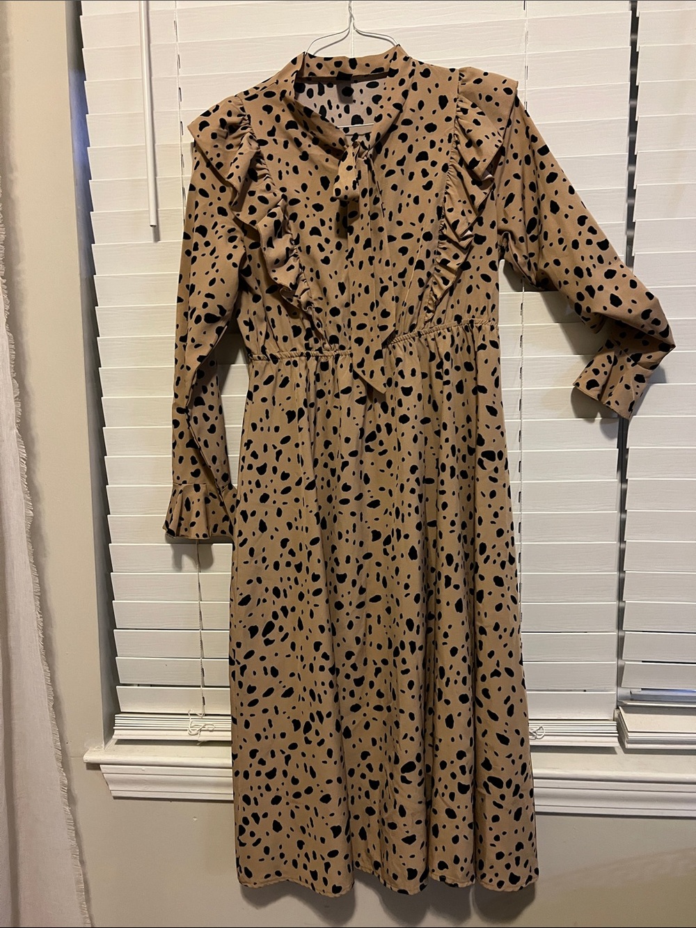 SHEIN Tan Midi Dress with Black Spot Print